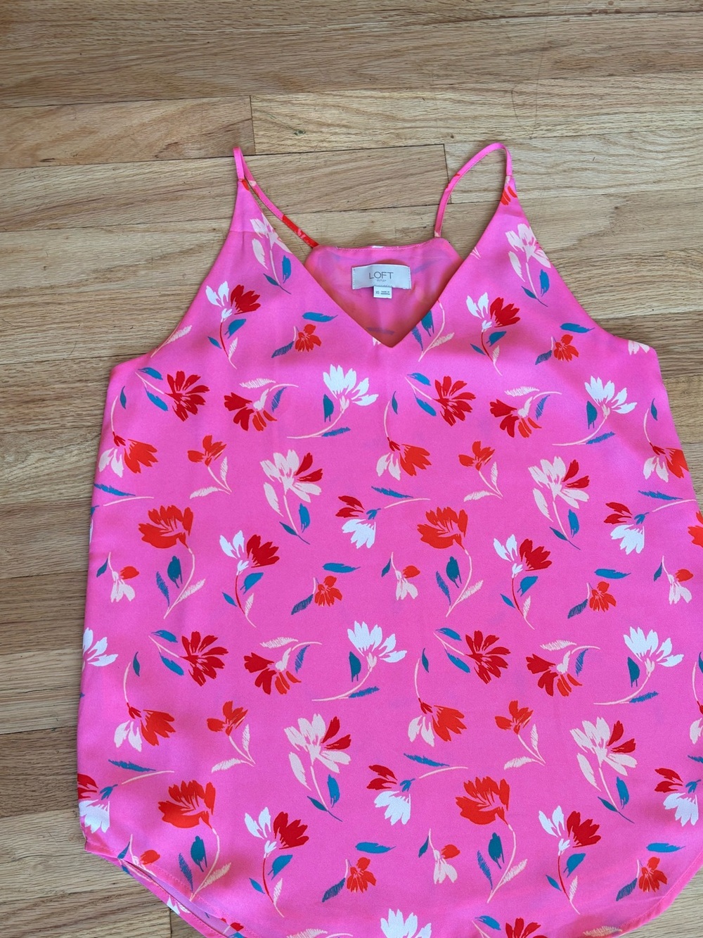 LOFT Pink Floral V-Neck Cami with Red & White Accents